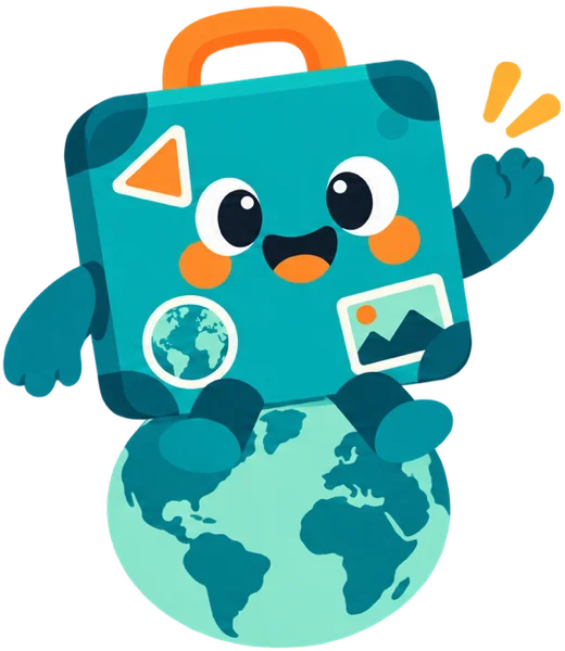 Trunk, Atlas’s cheerful suitcase guide, sitting on a globe